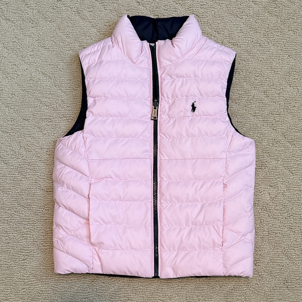 Polo Ralph Lauren Girls size 7 Light Pink Navy Reversible Quilted Puffer Vest